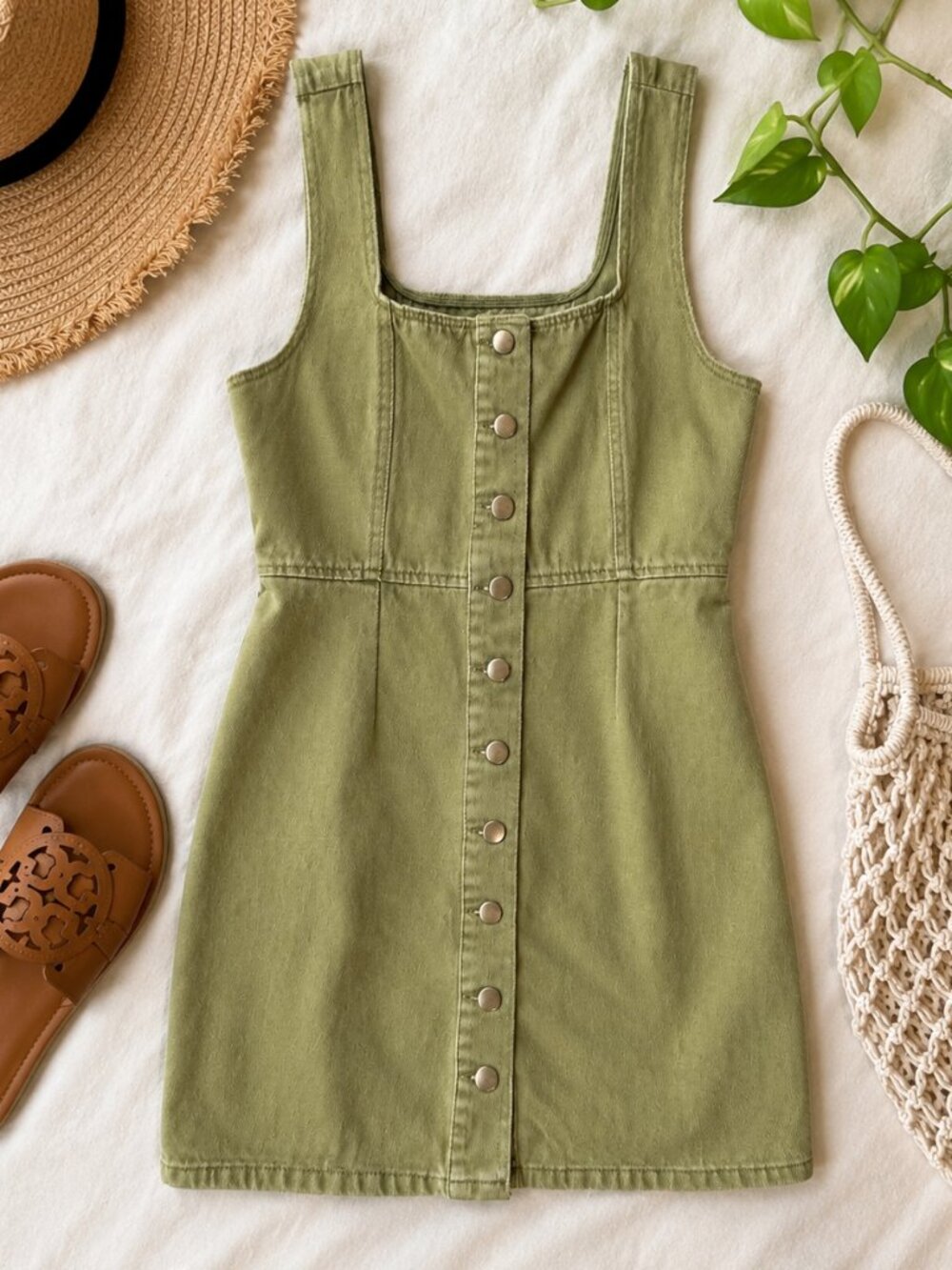 Urban Outfitters Olive Green Denim Mini Dress Size 6 Button Front Cotton Cottage